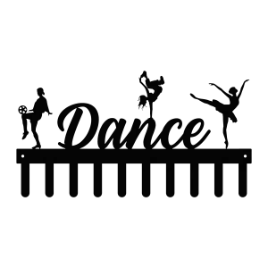 A black steel medal holder featuring the word 'Dance' in elegant script. Above the word are silhouettes of three dancers in various poses. Below, there are ten hooks for hanging medals. The design is sleek and artistic, suitable for dance enthusiasts.